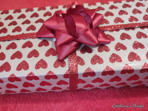GIFT WRAP PAPER: BROWN WITH RED SPARKLY HEARTS